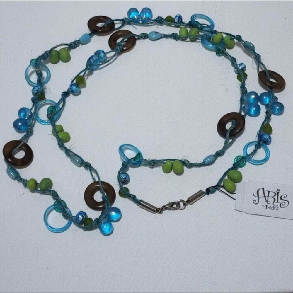 Aris by Treska Blue Green Beaded Long Necklace Wood Glass Rings Boho 42‎ Inch